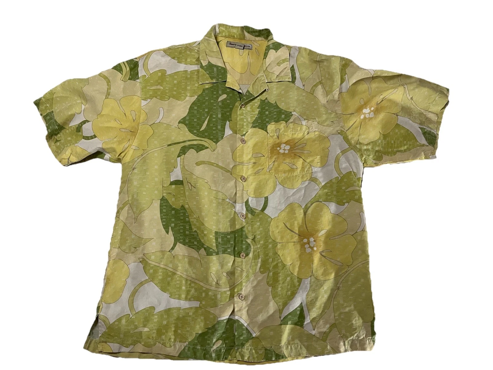 Tommy Bahama Silk Floral Tropical Hawaiian Shirt Men’s Large Yellow Flowers