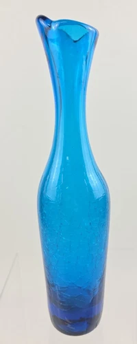 Blenko 64B Turquoise Blue Crackle Glass Vase Joel Myers Mid Century MCM 10" Vtg