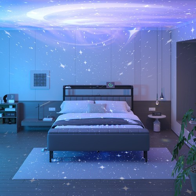 #ad Upholstered Bed Frame with Starry Sky LightingCharging Station Storage Ottoma $178.99