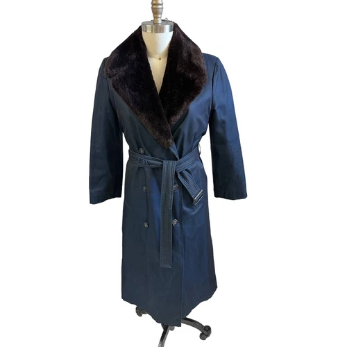 Trench coat vintage Mob Woman Christian Dior blu intenso con fodera in pelliccia sintetica anni 70 taglia 6 S