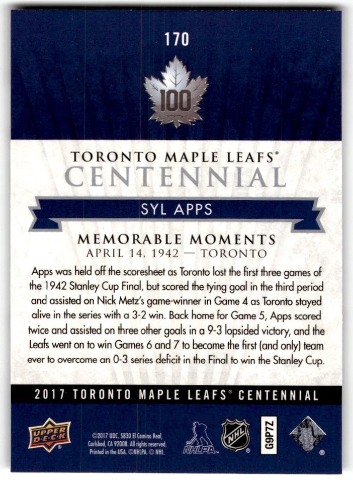 Syl Apps 2017-18 Upper Deck Toronto Maple Leafs Centennial SP #170 - Image 2 of 2