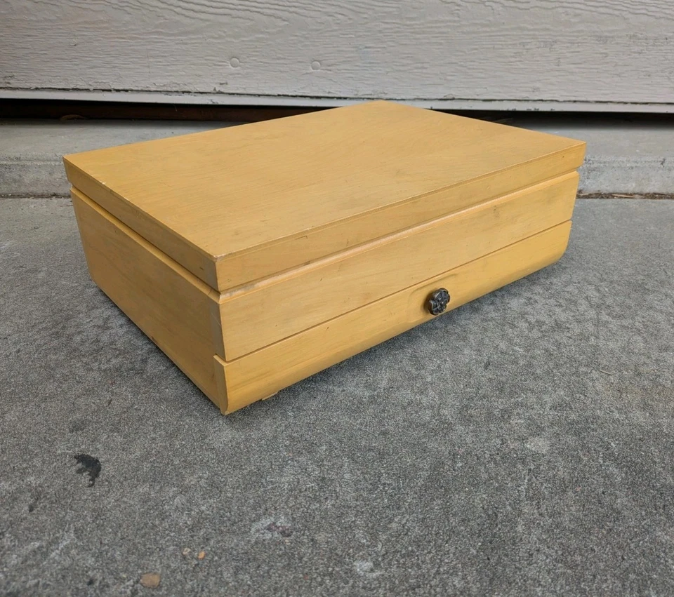 Cofre de almacenamiento de cubiertos vintage estuche/caja de madera con cajón J34 Foto 2 de 4