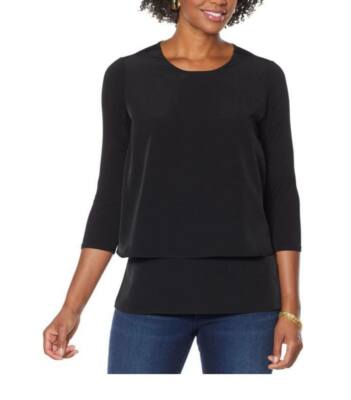DG2 3/4 Sleeve Double Layer Blouse Easy Top Round Neck, Black Plus 2X