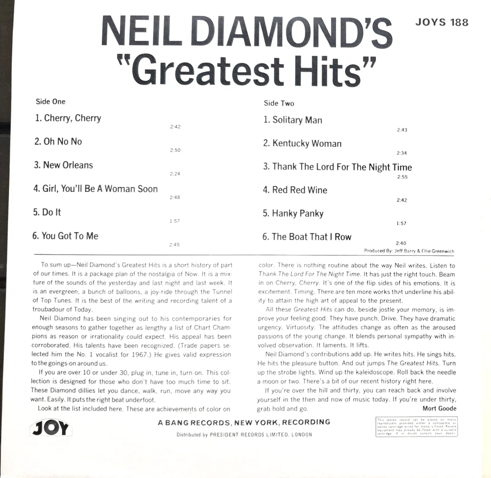 Neil Diamond – Neil Diamond's Greatest Hits Vinyl LP Joy Records UK – JOYS 188 - Image 3 of 3