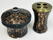 Tortoise Shell GLASS MOSAIC Bathroom Vanity Lidded CANISTER TOOTHBRUSH HOLDER