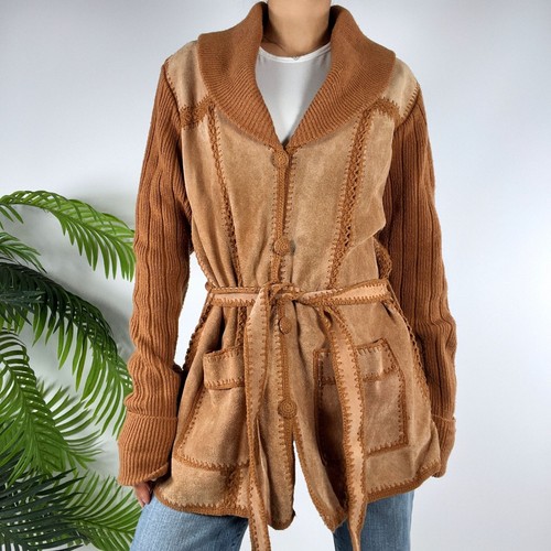 Vintage 70er hellbraune Leder Rindsleder Jacke Western Boho Strick Cardigan mit Gürtel / XL
