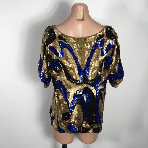Heavy Beaded Evening Blouse Gold Black Blue Retro SEQUIN Vintage Trophy Wife S - Picture 6 of 10