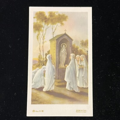   AR Dep A 90 VTG Italy Holy Card Girls In White Pray At Blessed Mary Shrine