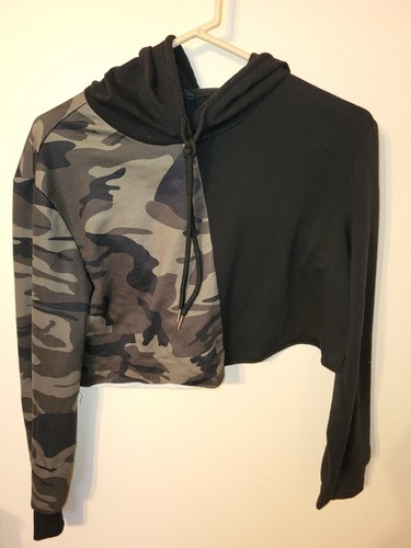 Shein Girls Dance Size S Top Half Camo Black L Sleeve Hooded String Cropped 18 L