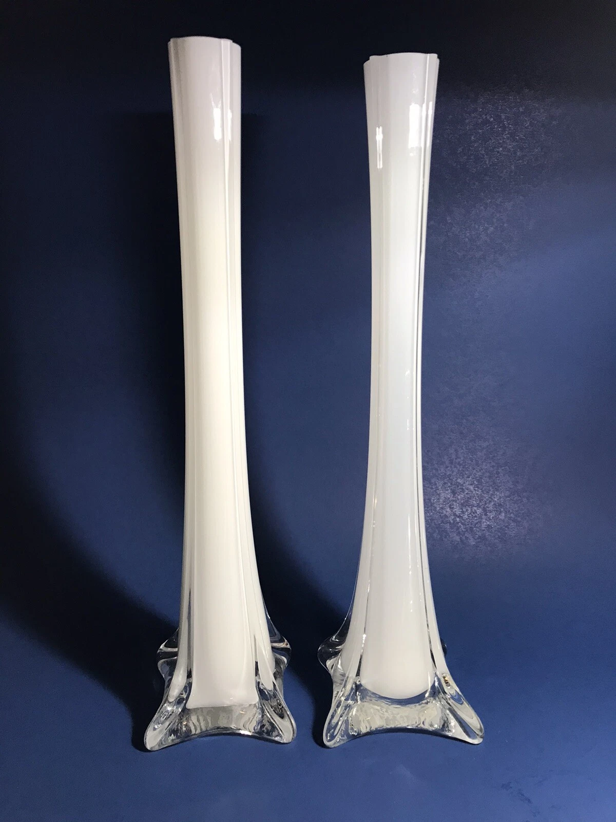 Two (2) CYS Excel Handblown Glass Flower Vases White Bud Vase 11.5” Tall Tower