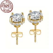 Luxury Gold Plated Round 6MM Stud Earrings CZ 925 Sterling Silver for Women Lady