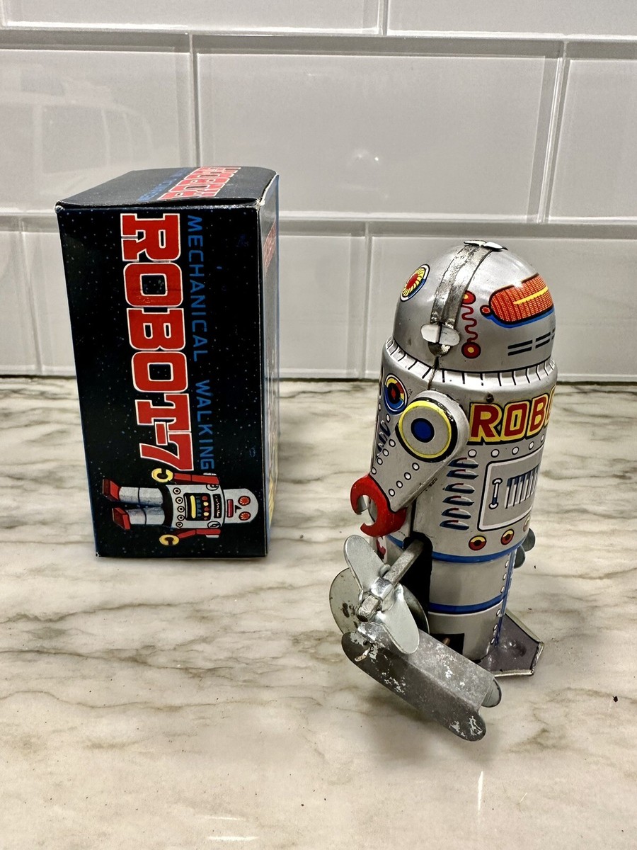 Vintage Retro Robot-7 Wind-up Mechanical Tin Litho Toy - Walking - Original Box Vintage Retro Robot-7 Wind-up Mechanical Tin Litho Toy - Walking - Original Box