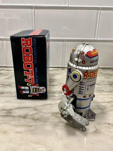 Vintage Retro Roboter-7 Aufzieh mechanisches Blech Litho Spielzeug - Gehen - OVP - Bild 4 von 11
