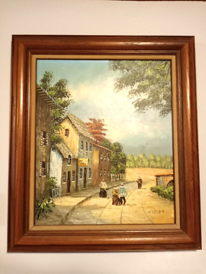 DAVID CRESPI Original Oil Painting W COA 27x31 Landscape Figures MCM Wood Frame