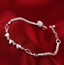 Womens 925 Sterling Silver Heart Link Chain Bangle Fashion Bracelet B327