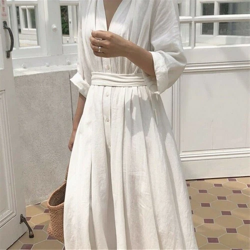 Mujer Vestido de Lino Algodón Cuello en V Cinturón Largo Botón Suelto Informal Blanco Negro Hada - Imagen 2 de 16