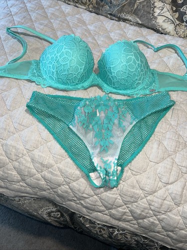 Nuevo Victoria's Secrets ROSA Fecha Encaje Espalda Corredora Sujetador Panty Set 32D M