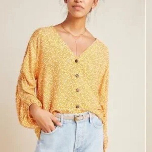 Top Anthropologie Maeve Venice talla M amarillo dorado floral fruncido mangas completas - Imagen 10 de 11