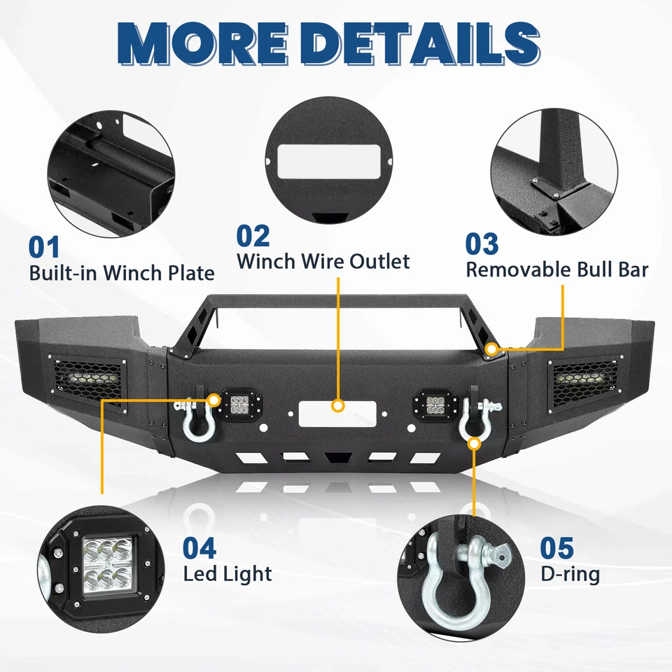 Черный стальной передний бампер в сборе со светодиодными прожекторами для GMC Sierra 1500 2007-2013 - Изображение 3 из 4