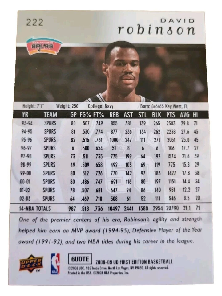 2008 Upper Deck Legends David Robinson San Antonio Spurs 222 Basketball Card (B2 - Image 2 of 2