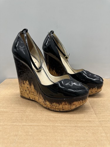 Vintage Saint Laurent YSL Black Patent Leather Wedge Pumps Heels EU 40 US 9 VTG - Picture 2 of 14