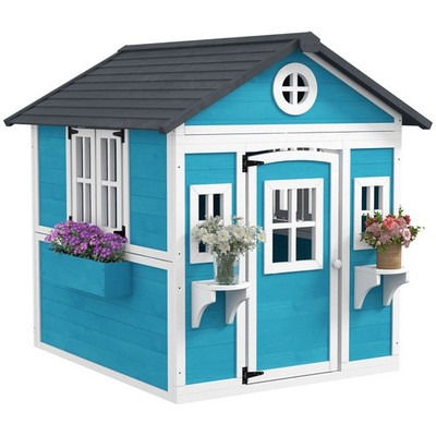 Kinderspielhaus aus Holz mit Fenster, Blumenregal, Pflanzenkasten und Tür Blau
