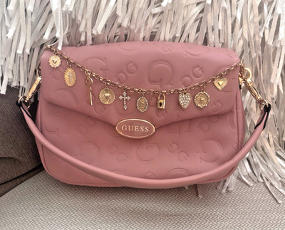 GUESS Pink Logo Embossed Purse Bag with Detachable Strap, Charm Chain, NWOT