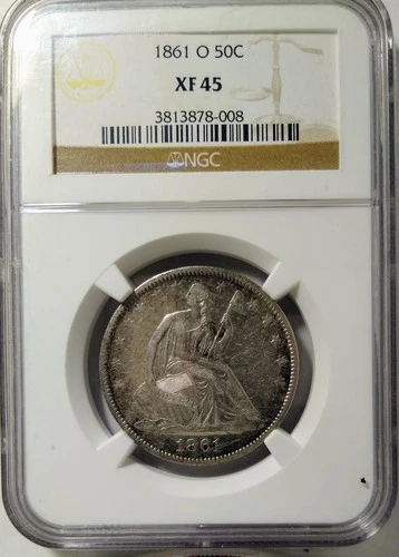 1861 O LIBERTY SEATED HALF DOLLAR NGC XF RARE W-13 CSA OBV BISECT DATE DIE CRACK