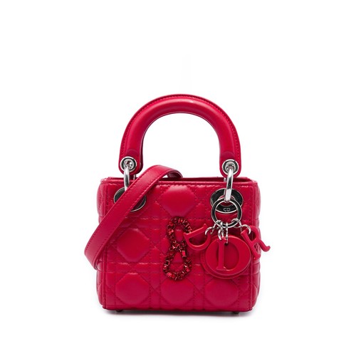 Dior Mini Lambskin Cannage 8 Crystal Lady Pre-Loved Satchel Red