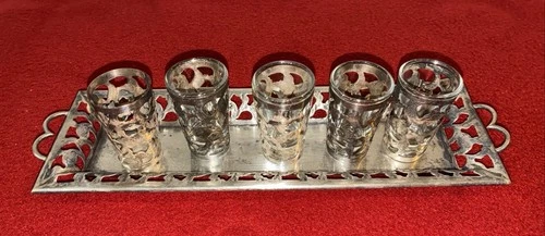 Vintage 5 Sterling Silver Etched Overlay Shot Glass Covers, Tray & 4 Glasses