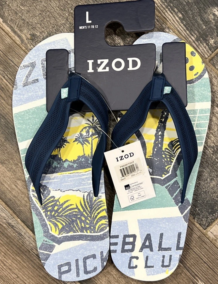 New IZOD Men’s Flip Flops Sandals “Pickleball Club” Blue Yellow Size Large 11-12
