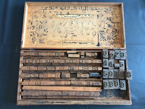 Fulton Sign & Price Stamp Set Wood Box Letterpress Kit w/ Ruler Incomplete