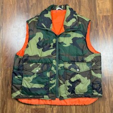 Vintage Woodland Camo Puffer Vest Orange Lining Hunting Fishing Outdoors L
