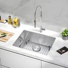 23in Single Bowl Kitchen Sink Undermount Stainless Steel Handmade Sink W/Faucet