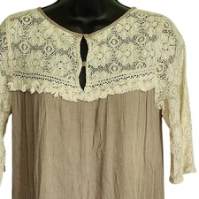 Umgee Lace Top Dress Bohemian Tunic Mini Dress Casual Taupe Small