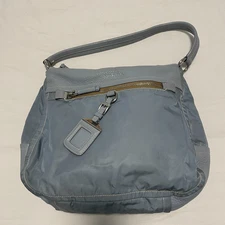 Authentic Prada Blue Leather and Nylon Shoulder Bag