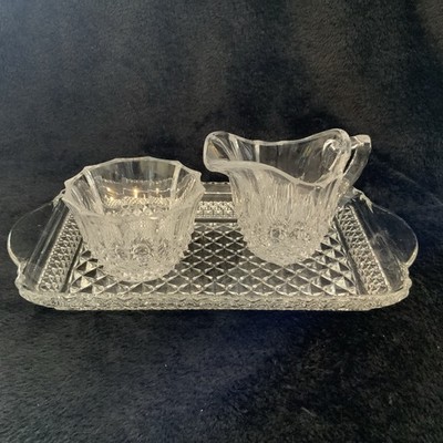 Vintage Crystal Tritschker Winterhalder Creamer And Sugar W/Tray Diamond Design
