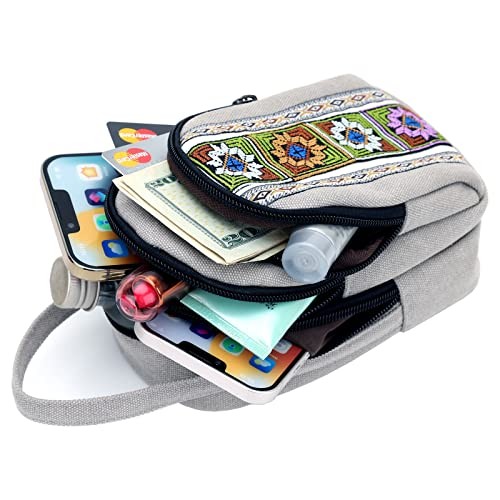 Canvas Small Crossbody Bag Cell Phone Purse for Women Embroidered Light Grey - Photo 5 sur 5