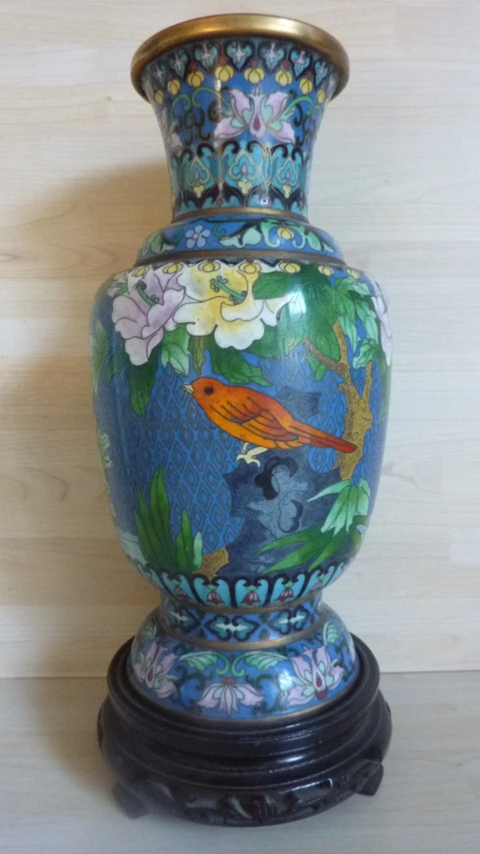 Ancien vase cloisonné, Extrême Orient, oiseaux, fleurs - Photo 3/4