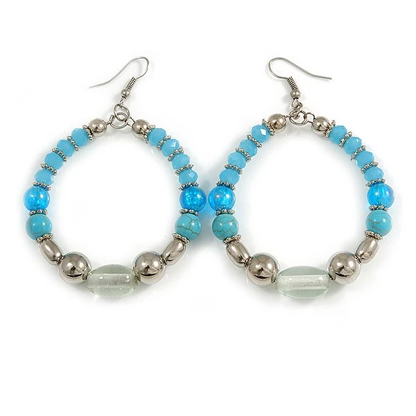Pendientes de aro azul claro/turquesa/cerámica transparente/cuentas de vidrio en plata Foto 3 de 4
