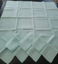 Vtg Linen Tablecloth square 38x40 & Napkins set mint green floral stitched