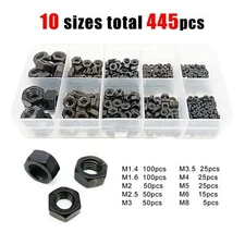 445pcs/box Mix M1.4-M8 Small Micro Hex Hexagon Nut Assortment Kit Black Steel