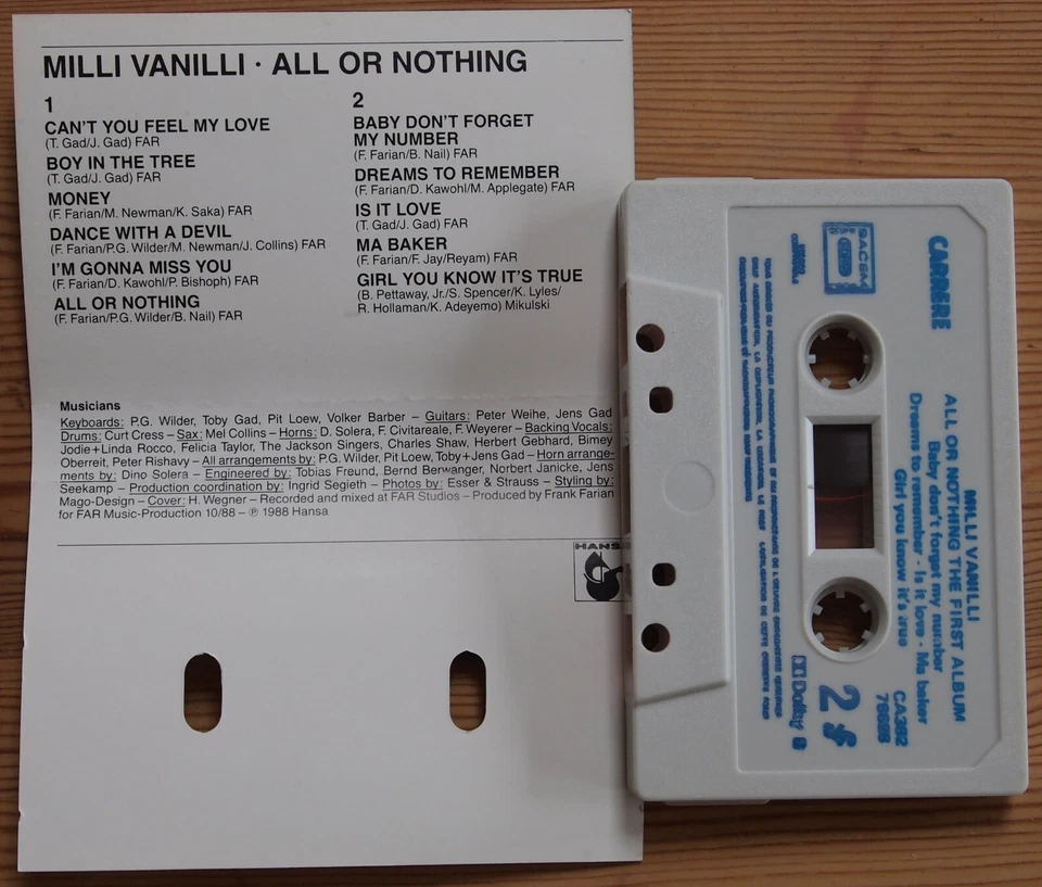 MILLI VANILLIA - ALL OR NOTHING (CARRERE/HANSA 76628) 1988 FRANCE CASSETTE EX - Image 3 of 3