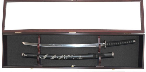 Sword Display Case Mahogany USMC NCO Katana Saber Wood Rack Cabinet Shadow Box - Picture 9 of 10