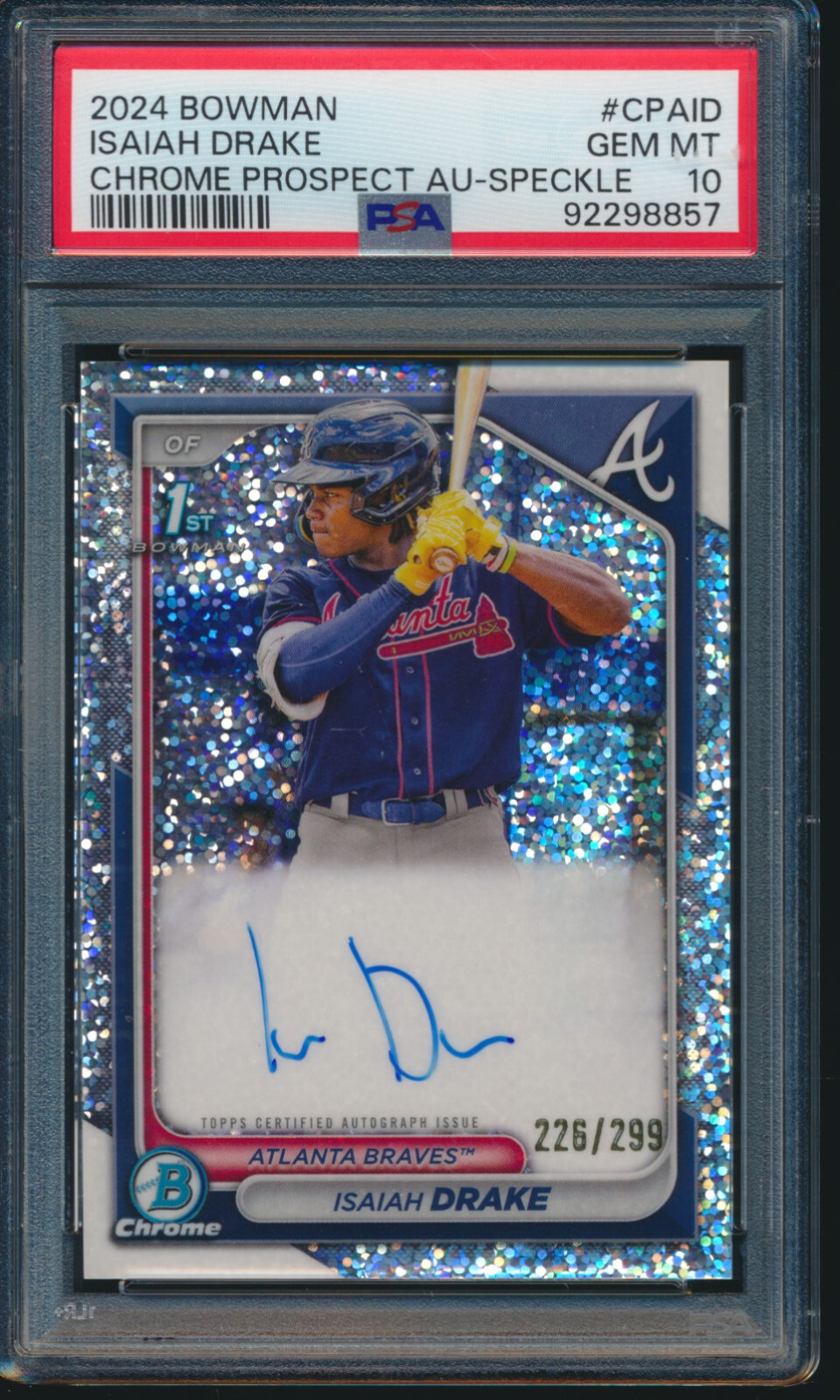 PSA 10 ISAIAH DRAKE AUTO 1st 2024 Bowman Chrome SPECKLE REFRACTOR/299 GEM MINT