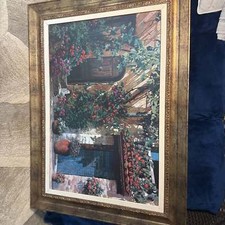 Vintage Framed Courtyard Floral Print with Gold Ornate Frame