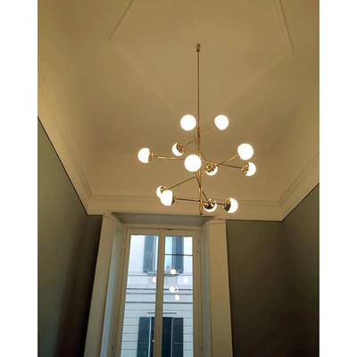 Stilnovo Style Brass and Opaline Glass Globes Italian Radial Chandelier