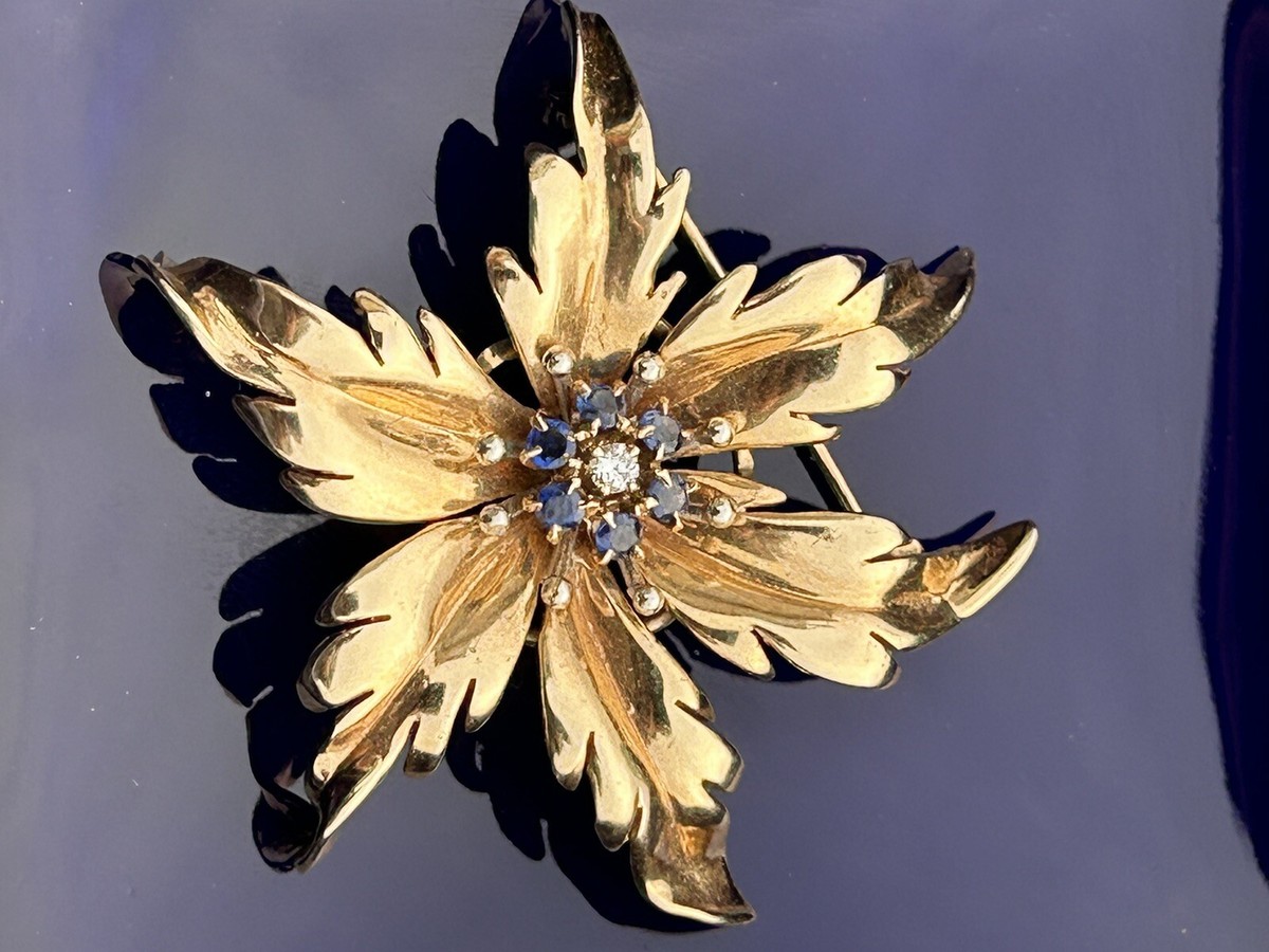 Tiffany & Co 14K Gold Blue Sapphire Diamond Flower Pin Brooch 8.9