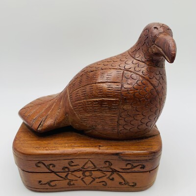 VTG Folk Art Hand Carved Wood Bird Trinket Box Unusual Find Curiosity 4.5  Tall