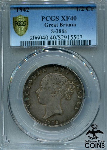 1842 Great Britain Silver 1/2 Crown PCGS XF 40 (Extra Fine) S-3888 KM #740 Coin - Picture 1 of 2